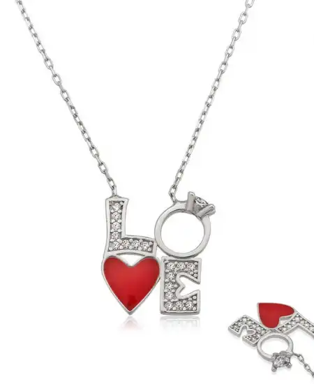 Gümüş Kalpli Tek Taş Love Kolye