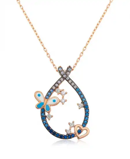 Gümüş Kalpli Ve Kelebekli Damla Kolye