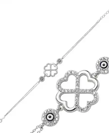 Gümüş Kalpli Yonca Bayan Bileklik