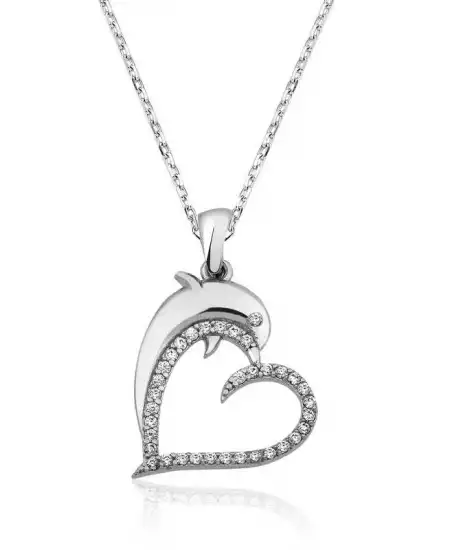 Gümüş Kalpli Yunus Balığı Bayan Kolye