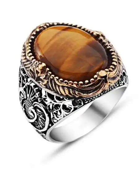 Gümüş Kaplan Gözü Taşlı Erkek Yüzük