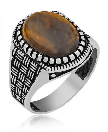 Gümüş Kaplan Gözü Taşlı Örgü Desenli Erkek Yüzük