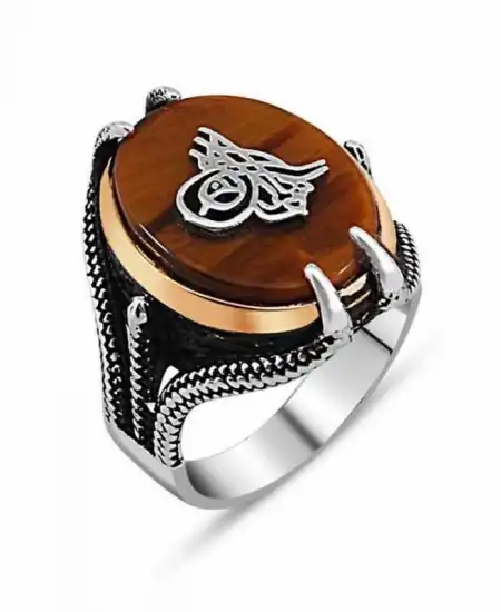 Gümüş Kaplan Gözü Taşlı Tuğralı Erkek Yüzük