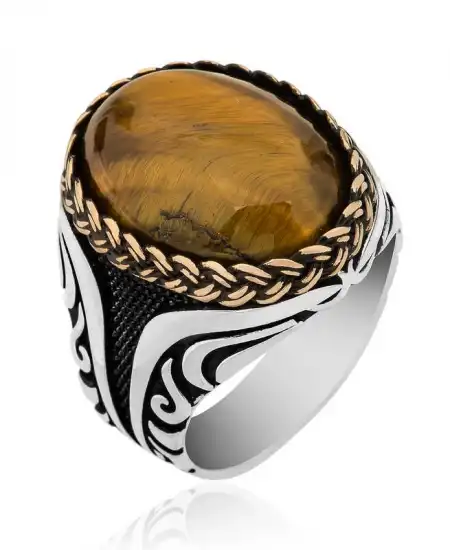 Gümüş Kaplangözü Taşlı Oval Erkek Yüzük