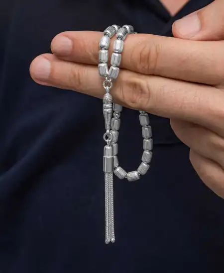 Gümüş Kapsül Kesim Çizgili Erkek Tesbih