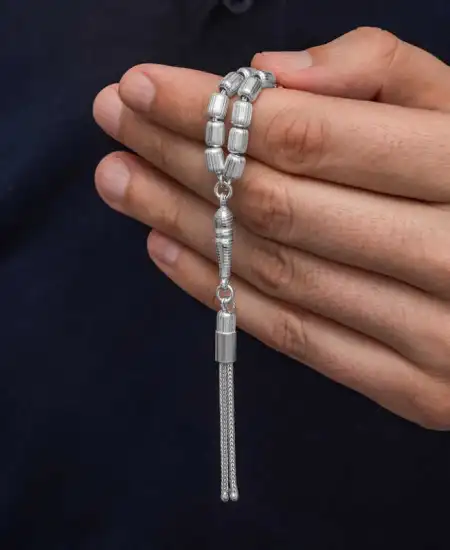 Gümüş Kapsül Kesim Çizgili Erkek Tesbih