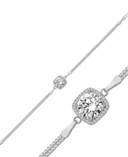 Gümüş Kare Montür Beyaz Taşlı Kadın Bileklik