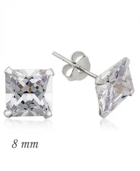 Gümüş Kare Tek Taş Zirkon Küpe - 8 Mm