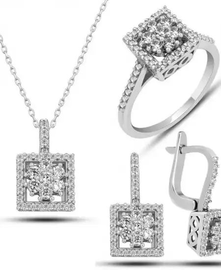 Gümüş Kare Zirkon Taşlı Kadın Set