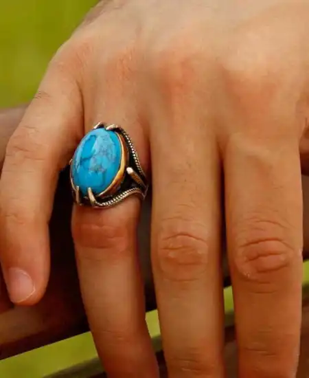 Gümüş Kartal Pençesi Turkuaz Taşlı Erkek Yüzük
