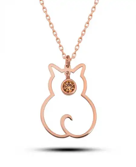Gümüş Kasım Ayı Doğum Taşı Kedi Kadın Kolye