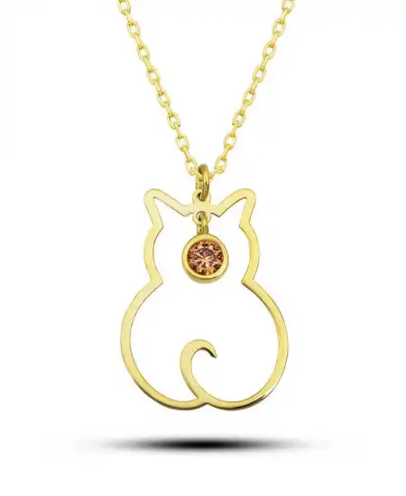 Gümüş Kasım Ayı Doğum Taşı Kedi Kadın Kolye