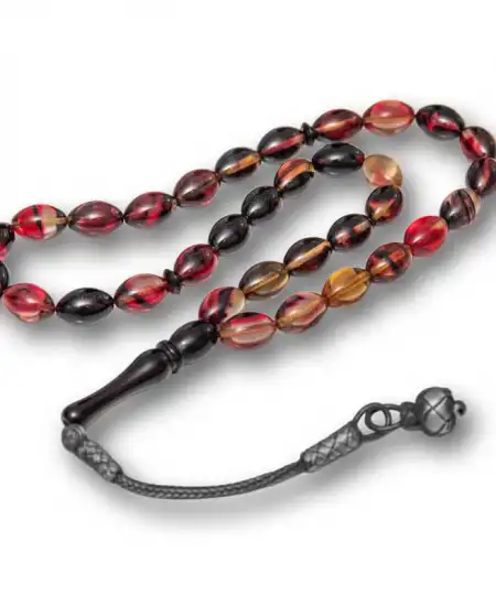 Gümüş Kazaz Püsküllü Sarı Siyah Kırmızı Sıkma Kehribar Tesbih