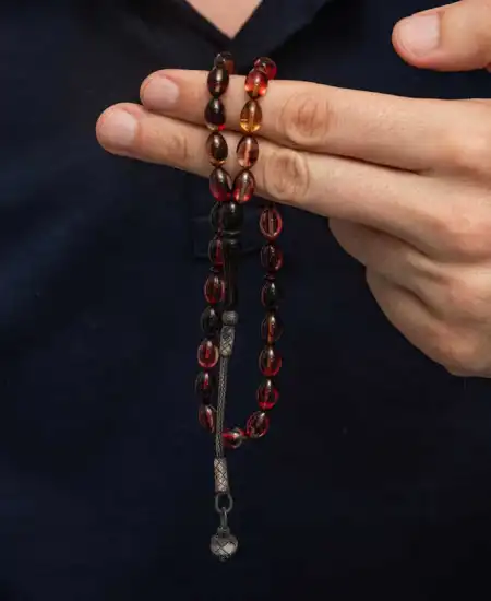 Gümüş Kazaz Püsküllü Sarı Siyah Kırmızı Sıkma Kehribar Tesbih