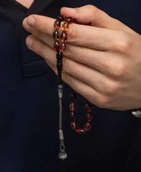 Gümüş Kazaz Püsküllü Sarı Siyah Kırmızı Sıkma Kehribar Tesbih