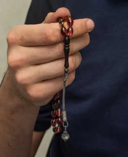 Gümüş Kazaz Püsküllü Sarı Siyah Kırmızı Sıkma Kehribar Tesbih