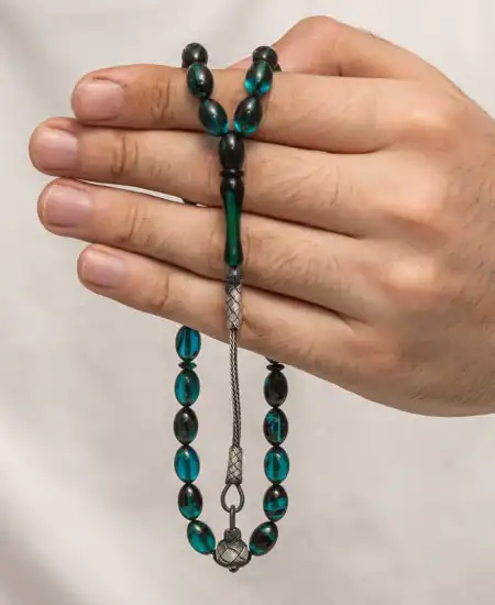 Gümüş Kazaz Püsküllü Sıkma Kehribar Tesbih