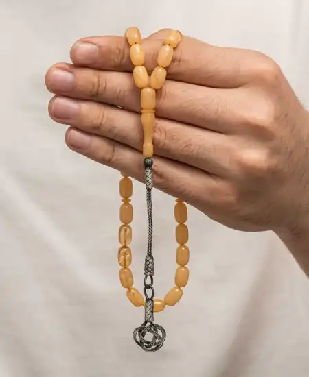 Gümüş Kazaz Püsküllü Sıkma Kehribar Tesbih