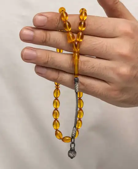 Gümüş Kazaz Püsküllü Sıkma Kehribar Tesbih