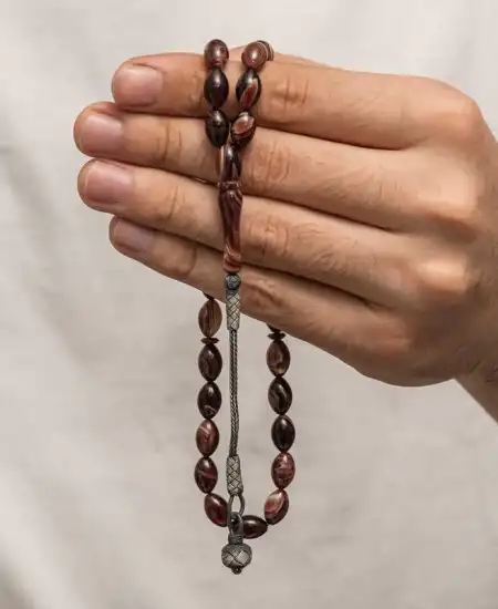 Gümüş Kazaz Püsküllü Sıkma Kehribar Tesbih