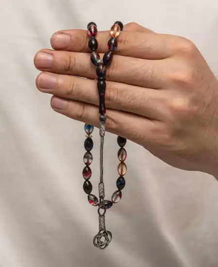 Gümüş Kazaz Püsküllü Sıkma Kehribar Tesbih