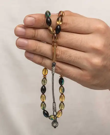 Gümüş Kazaz Püsküllü Sıkma Kehribar Tesbih