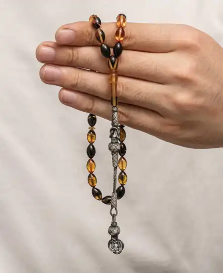 Gümüş Kazaz Püsküllü Sıkma Kehribar Tesbih