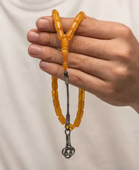 Gümüş Kazaz Püsküllü Sıkma Kehribar Tesbih