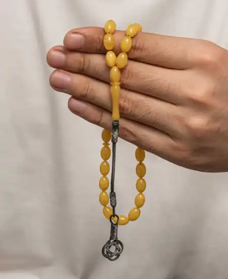 Gümüş Kazaz Püsküllü Sıkma Kehribar Tesbih