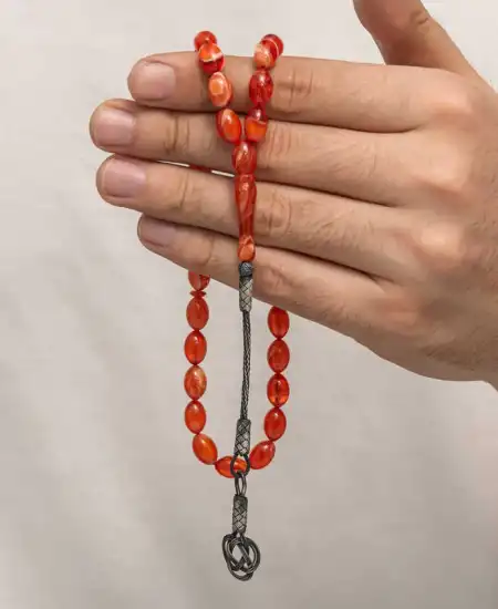 Gümüş Kazaz Püsküllü Sıkma Kehribar Tesbih