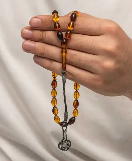 Gümüş Kazaz Püsküllü Sıkma Kehribar Tesbih