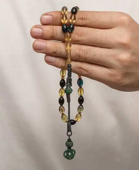 Gümüş Kazaz Püsküllü Sıkma Kehribar Tesbih