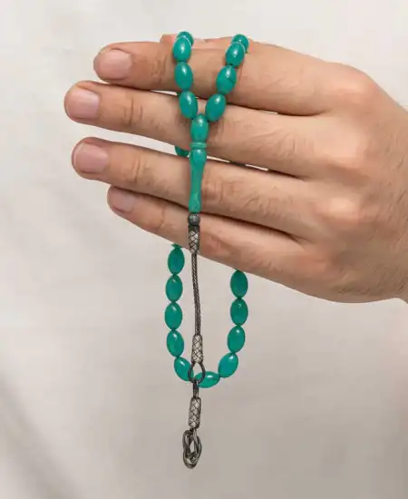 Gümüş Kazaz Püsküllü Sıkma Kehribar Tesbih