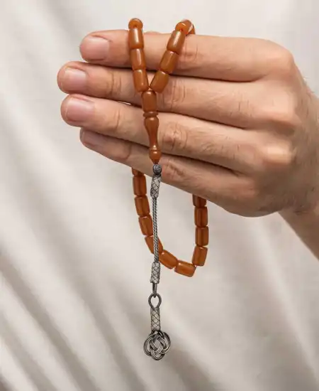 Gümüş Kazaz Püsküllü Sıkma Kehribar Tesbih