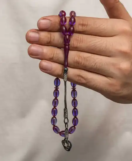 Gümüş Kazaz Püsküllü Sıkma Kehribar Tesbih