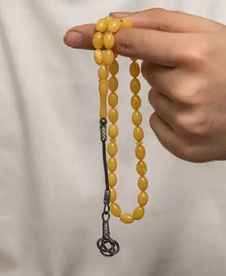 Gümüş Kazaz Püsküllü Sıkma Kehribar Tesbih