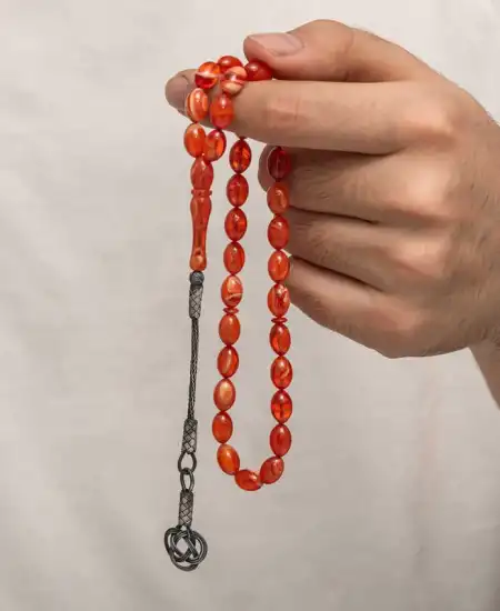 Gümüş Kazaz Püsküllü Sıkma Kehribar Tesbih