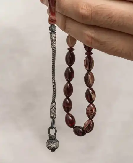 Gümüş Kazaz Püsküllü Sıkma Kehribar Tesbih