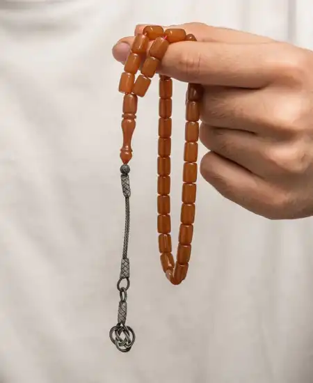 Gümüş Kazaz Püsküllü Sıkma Kehribar Tesbih