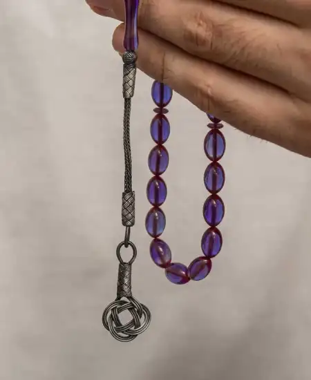 Gümüş Kazaz Püsküllü Sıkma Kehribar Tesbih