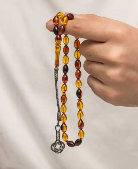 Gümüş Kazaz Püsküllü Sıkma Kehribar Tesbih