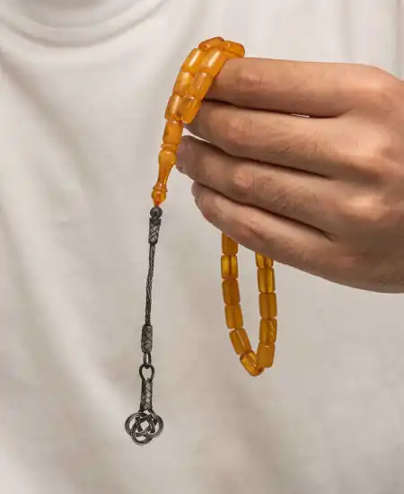 Gümüş Kazaz Püsküllü Sıkma Kehribar Tesbih