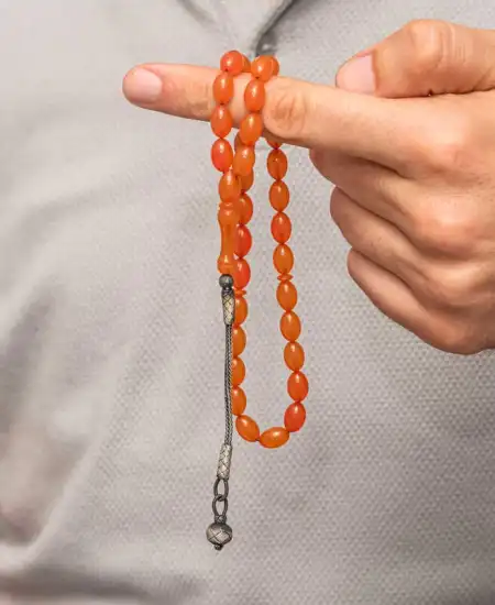 Gümüş Kazaz Püsküllü Sıkma Kehribar Tesbih