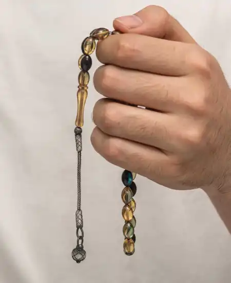 Gümüş Kazaz Püsküllü Sıkma Kehribar Tesbih