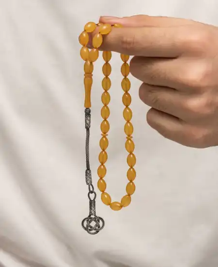 Gümüş Kazaz Püsküllü Sıkma Kehribar Tesbih