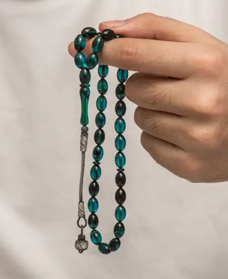 Gümüş Kazaz Püsküllü Sıkma Kehribar Tesbih