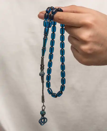 Gümüş Kazaz Püsküllü Sıkma Kehribar Tesbih