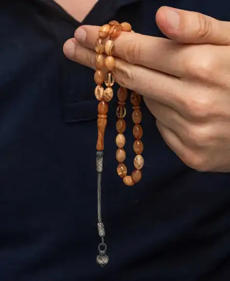 Gümüş Kazaz Püsküllü Sıkma Kehribar Tesbih