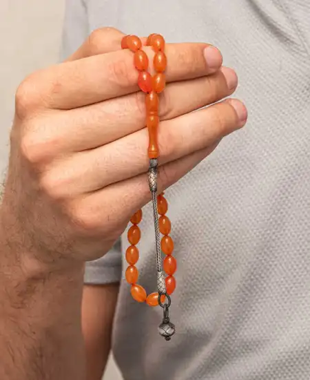 Gümüş Kazaz Püsküllü Sıkma Kehribar Tesbih