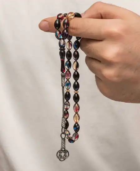 Gümüş Kazaz Püsküllü Sıkma Kehribar Tesbih